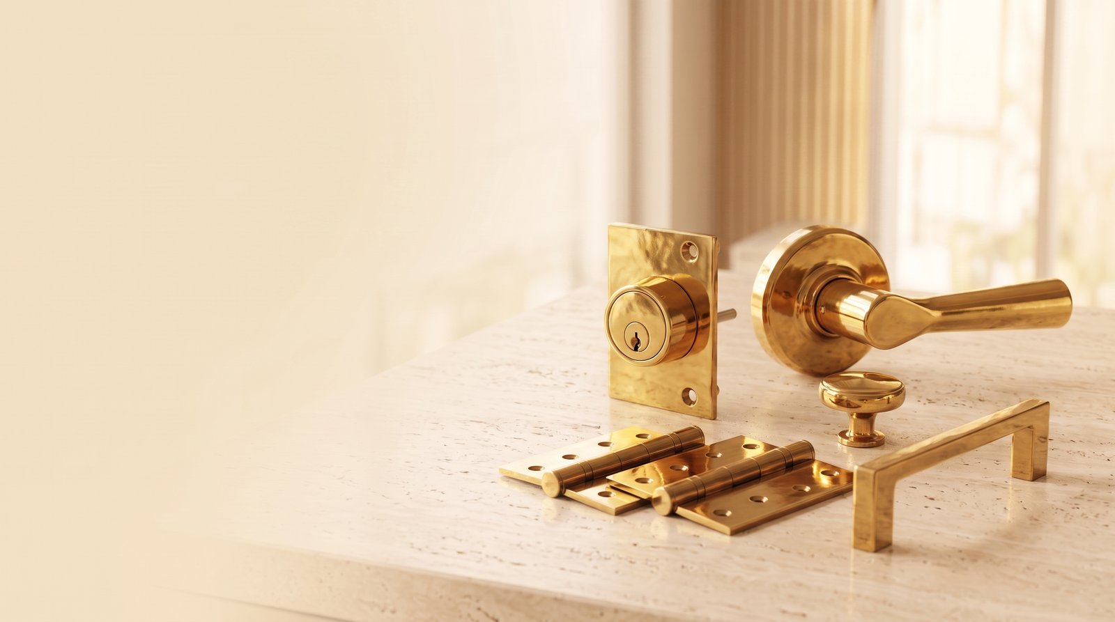 Composition of brass door handles, locks, hinges and knobs in warm natural light